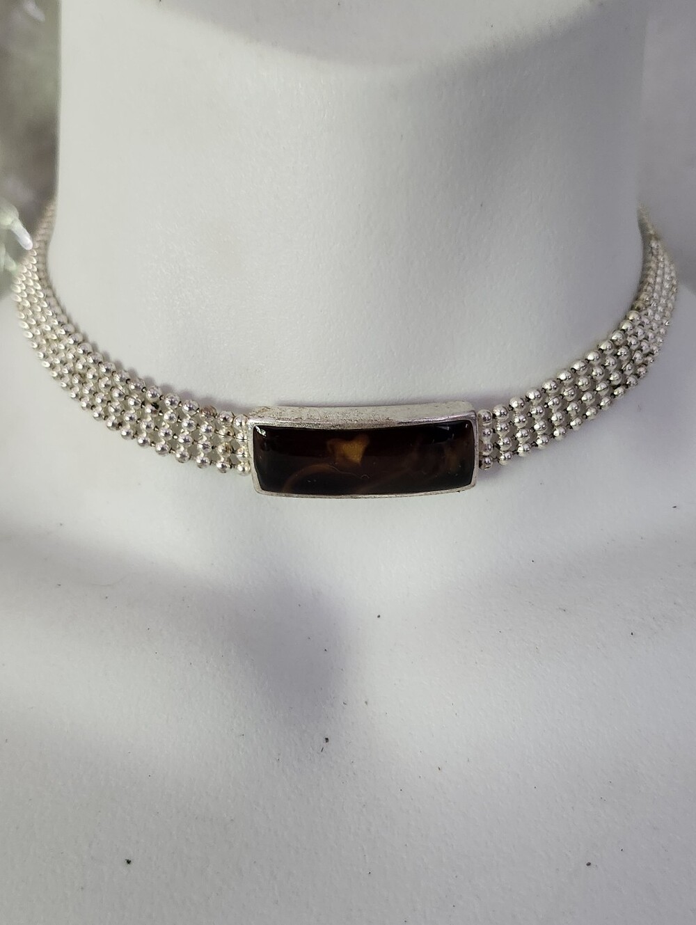 GUESS Silver Beaded Choker with Brown Stone Accent